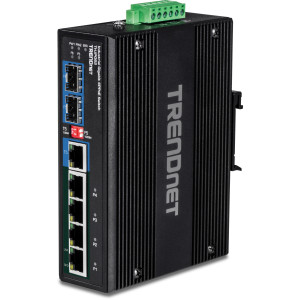 TRENDnet TI-UPG62 7-Port Gigabit Ethernet Switch, 4 Gigabit PoE++, 1 Gigabit shared, & 2 Gigabit SFP slots, 12 Gbps switching capacity, DIN-rail/wall mount